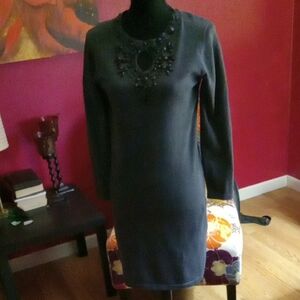 Chic Long Sleeve Black Dress with Embellished Neckline